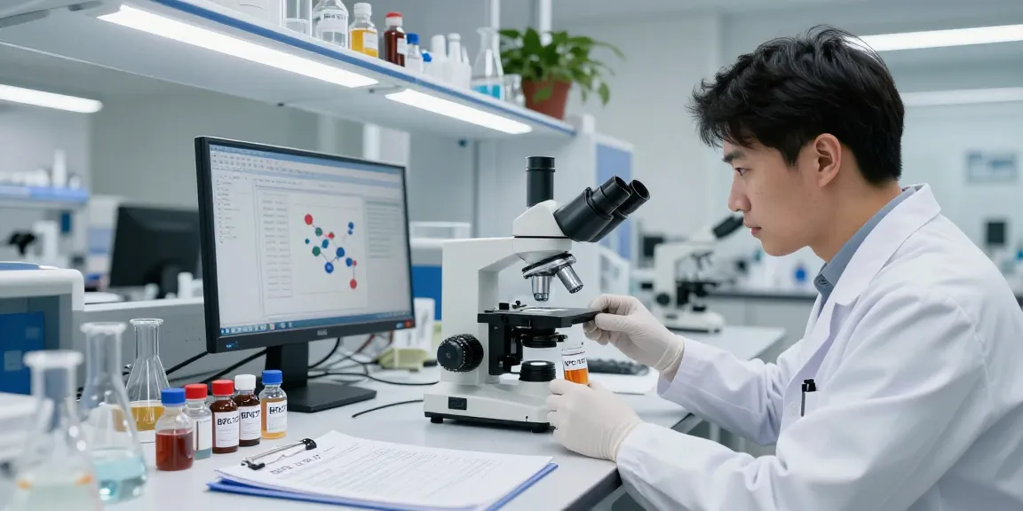 BPC-157 research supplier showcasing scientists in a lab analyzing peptide samples.