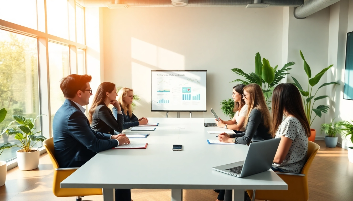 Engaging business coaching service session with a diverse group around a conference table.