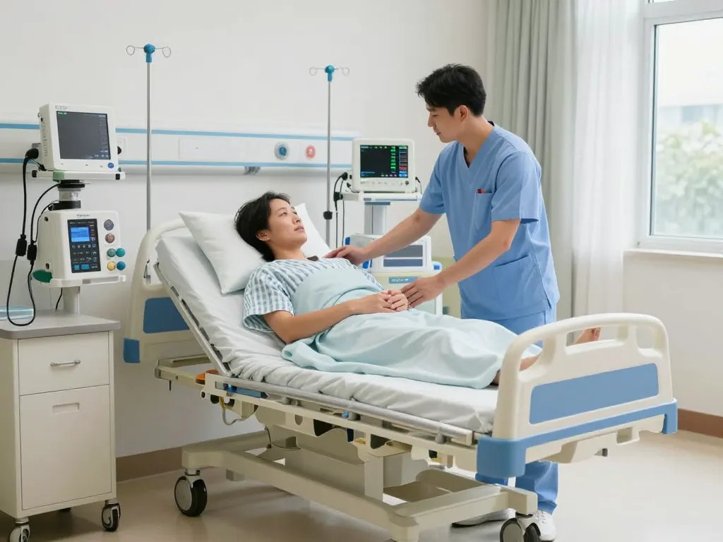 Patient utilizing giường bệnh nhân in a modern healthcare environment with medical staff assisting.