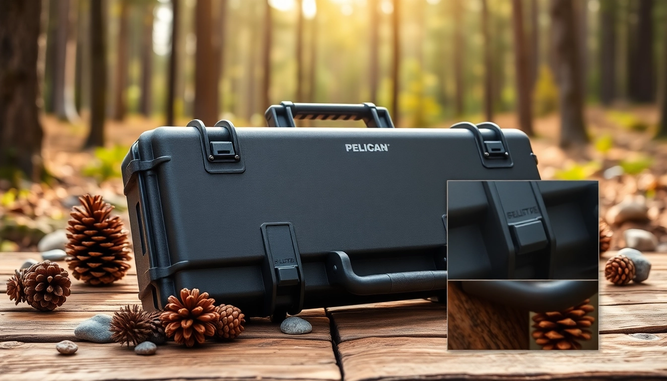 Showcasing a pelican rifle case on a rustic table, emphasizing its durable features and outdoor readiness.