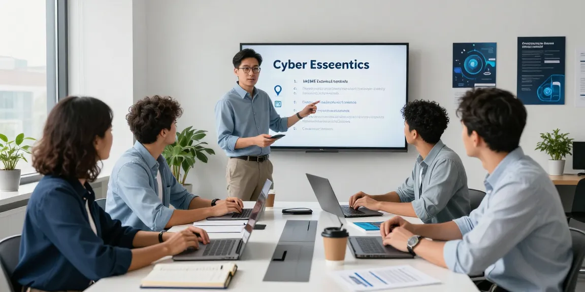 Team collaborating on IASME Cyber Essentials certification in a modern office, discussing cybersecurity strategies and controls.