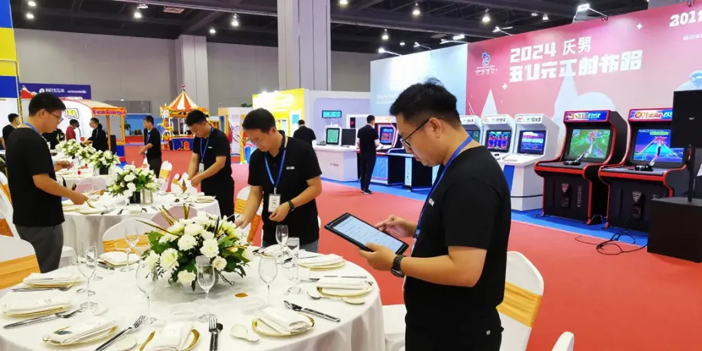 Event rentals setup in a busy exhibition hall with elegant décor and interactive games.