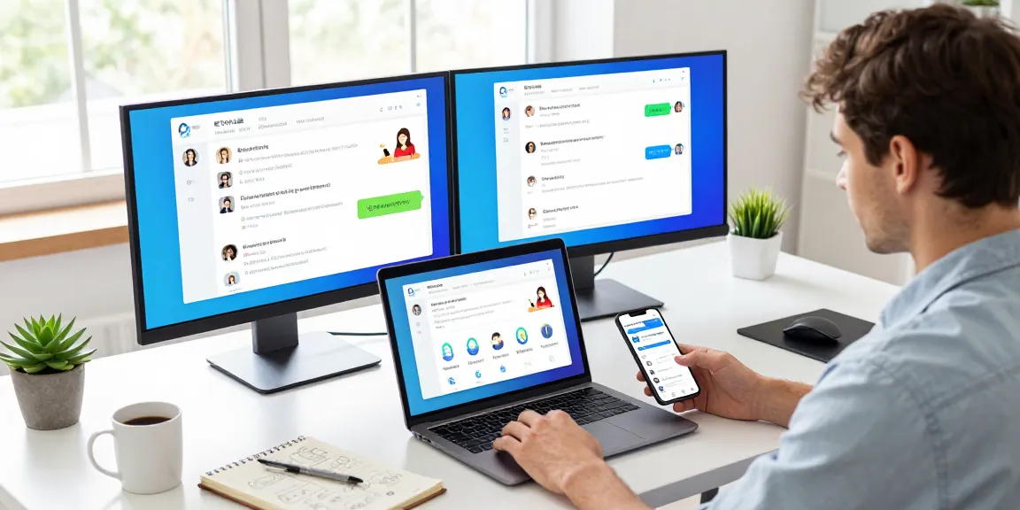 Young professional using 纸飞机中文版 app on laptop in modern workspace.
