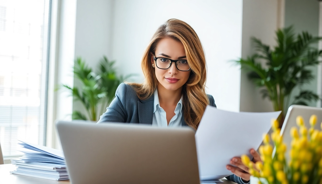 Register company in USA with a professional businesswoman in a bright office setting.