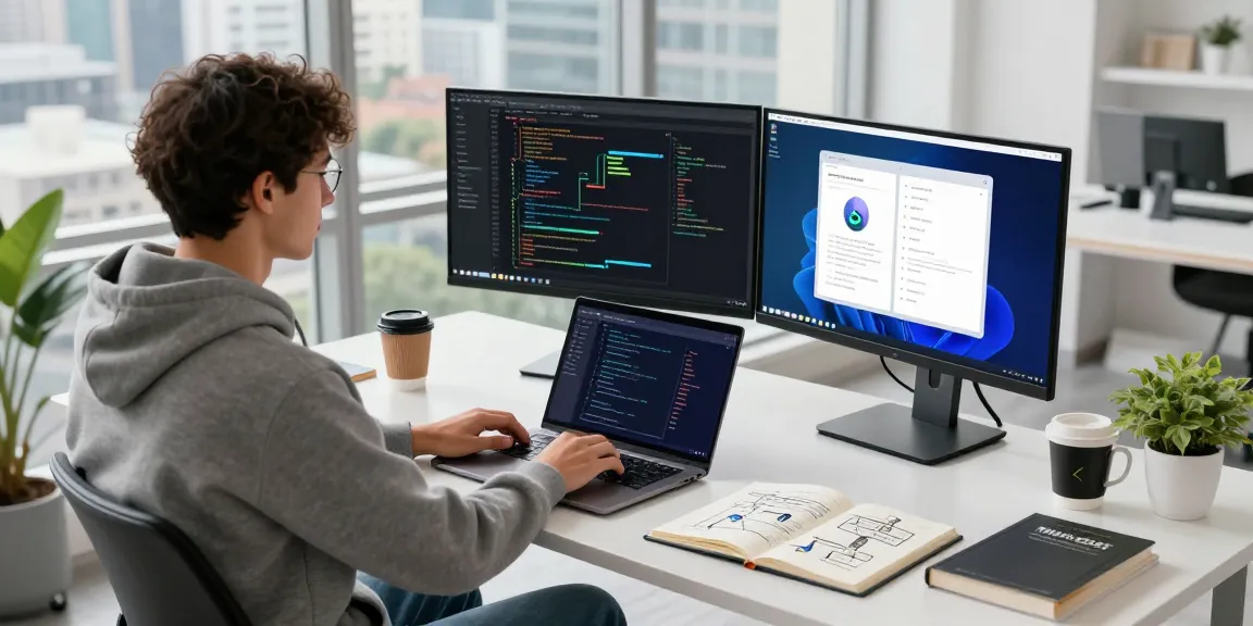MoltBot AI workspace scene with a developer coding on dual monitors, showcasing a modern and inspiring tech environment.
