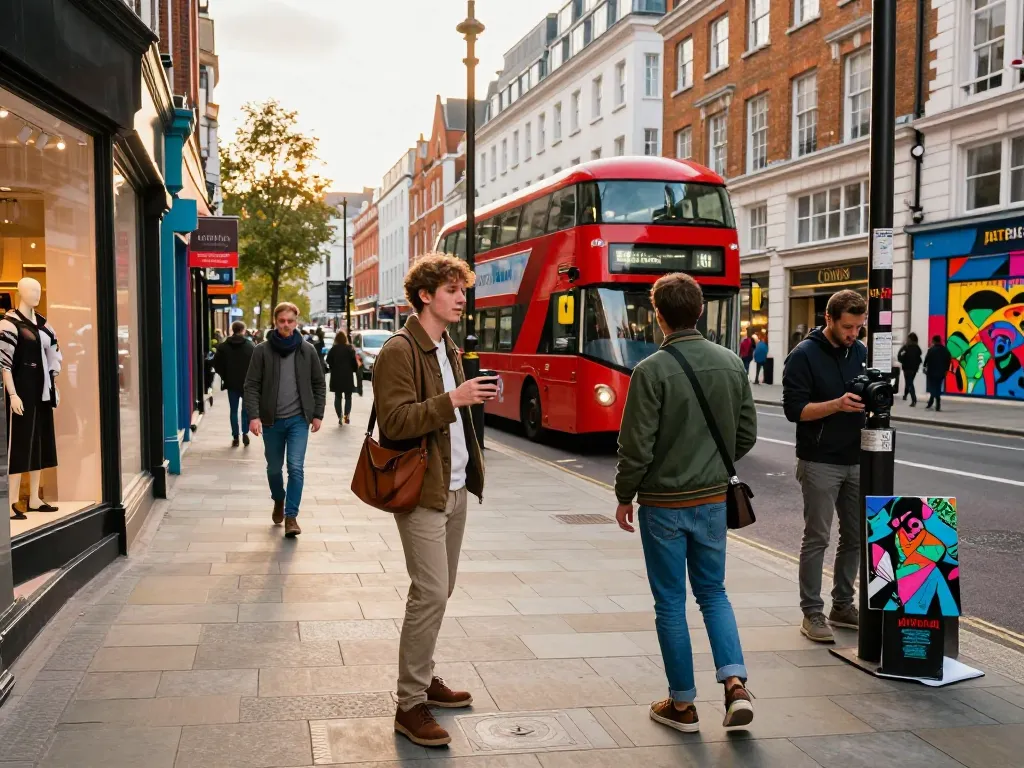 Best things to do in London, vibrant street scene with stylish individuals exploring trendy shops and iconic landmarks.