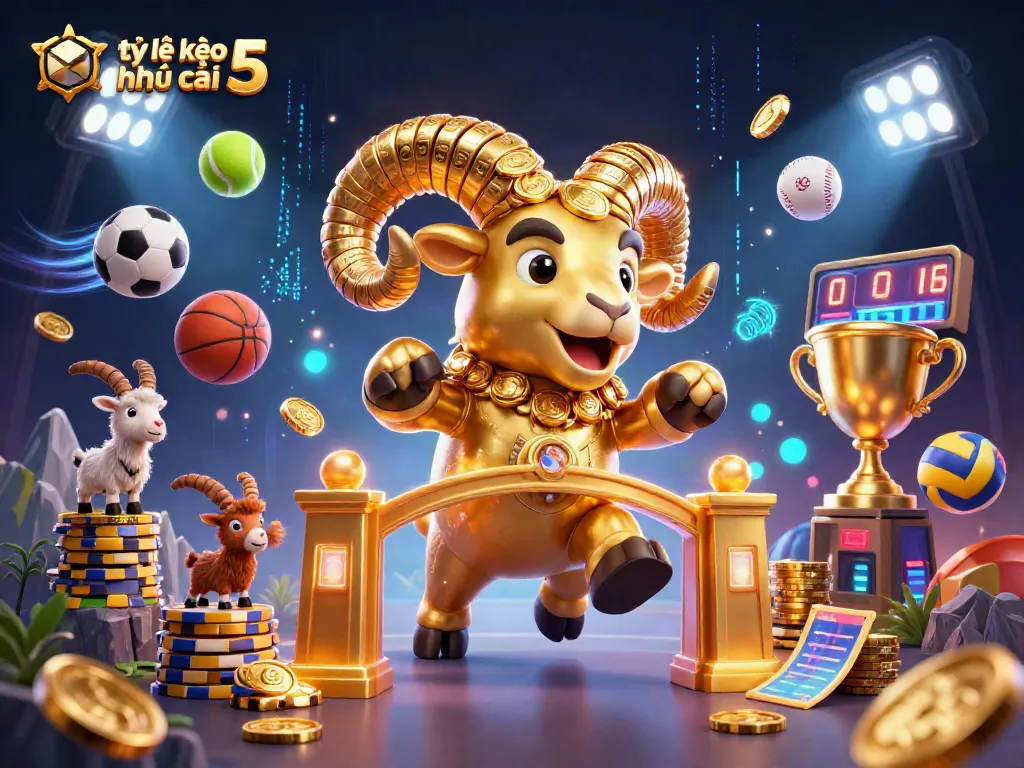 Experience exhilarating sports betting with tỷ lệ kèo nhà cái 5 as a golden ram charges through a vibrant dynamic scene.