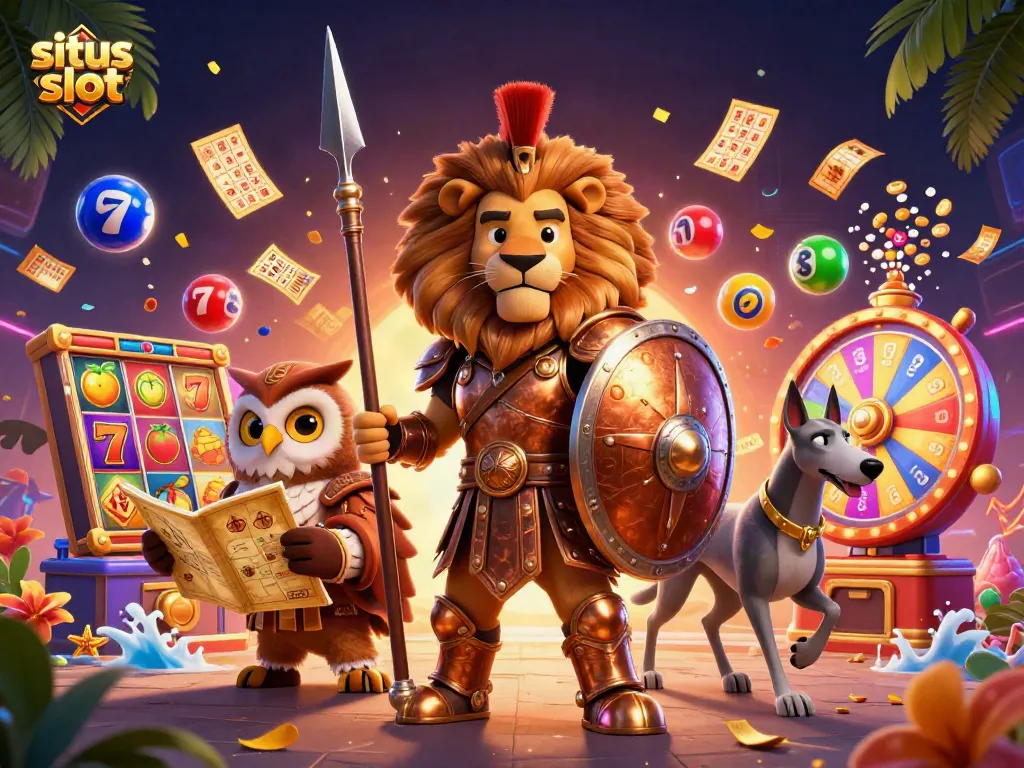 Engaging 3D illustration of situs slot with a Spartan lion, owl, and greyhound amidst vibrant gaming elements.
