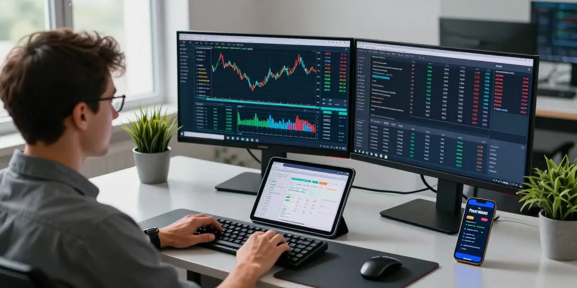 Trader using MetaTrader 5 on multiple screens in a modern workspace.