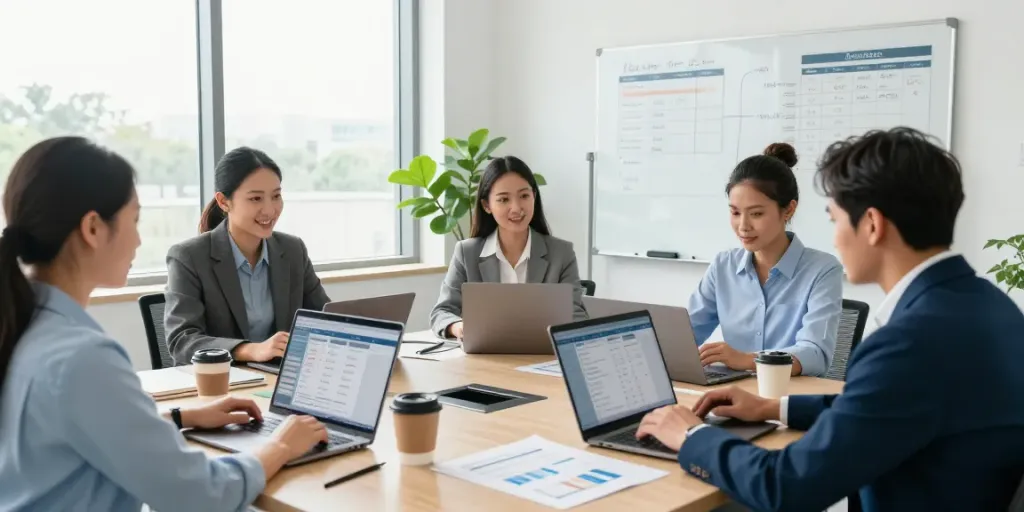 Team of professionals collaborating on HVAC Business Software in a bright office environment with laptops and charts.
