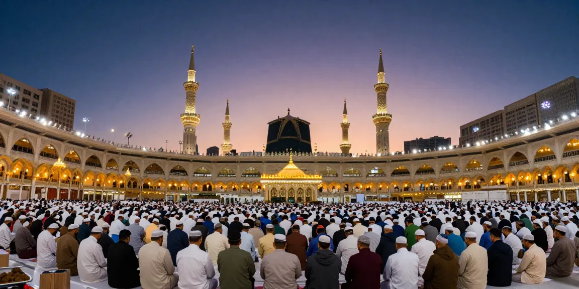 Umroh Full Ramadhan bliss at Makkah, a travel guide to unforgettable spiritual journeys under an orange sky.