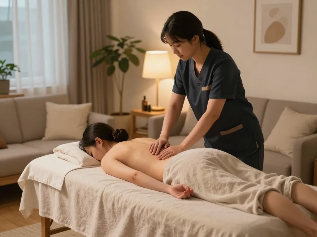 Relaxing 서울출장마사지 experience with a professional therapist in a calming home environment.