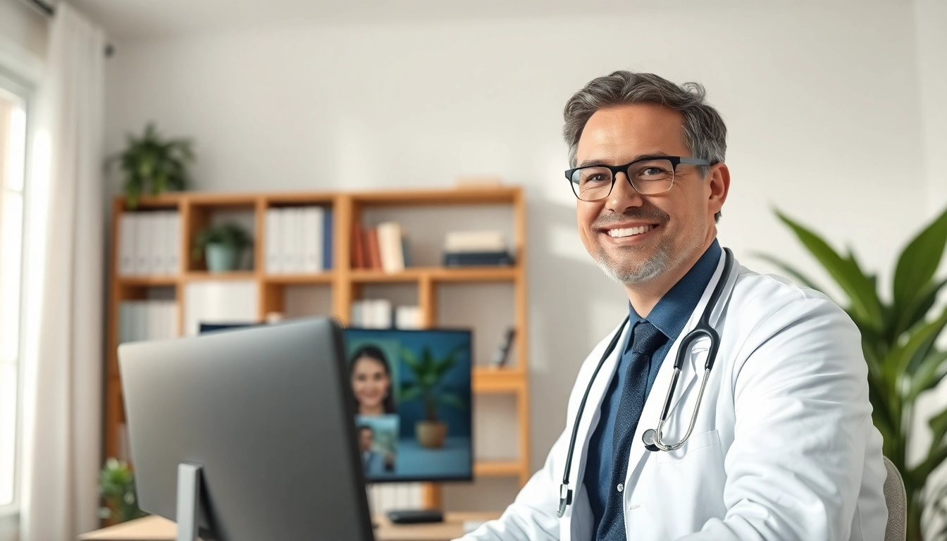 Telehealth doctor for prescriptions conducts a virtual consultation from a modern home office.