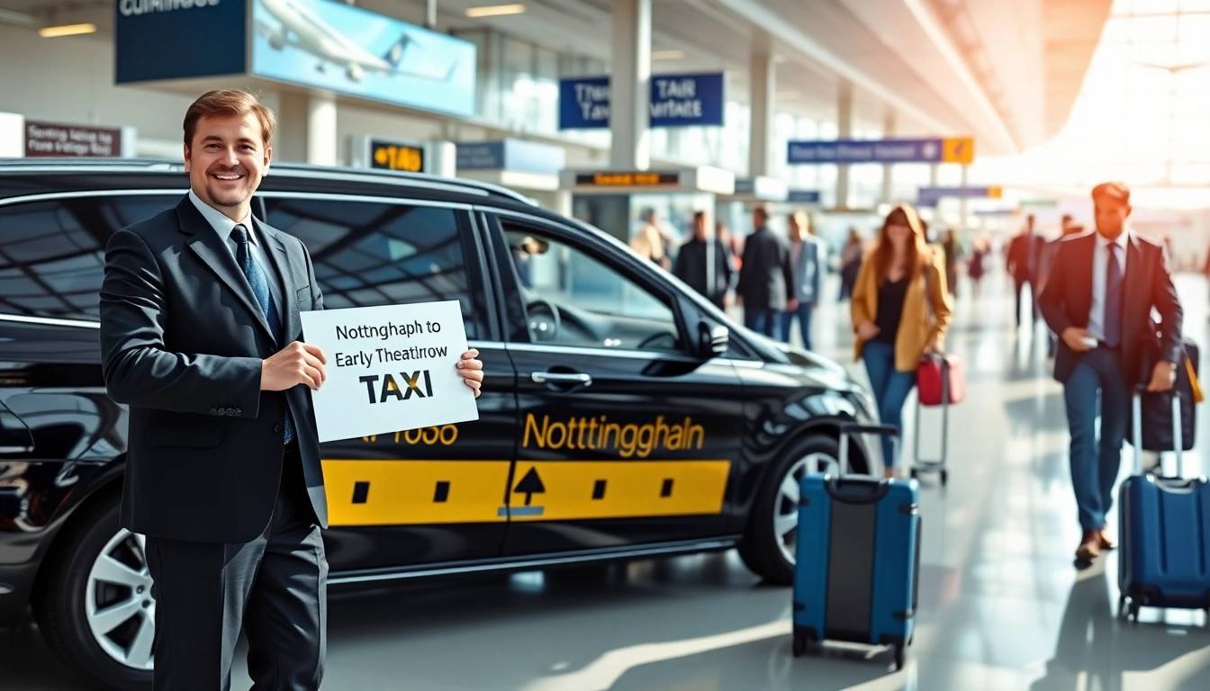 Book a Nottingham to Heathrow Taxi with a professional chauffeur in a busy airport setting.