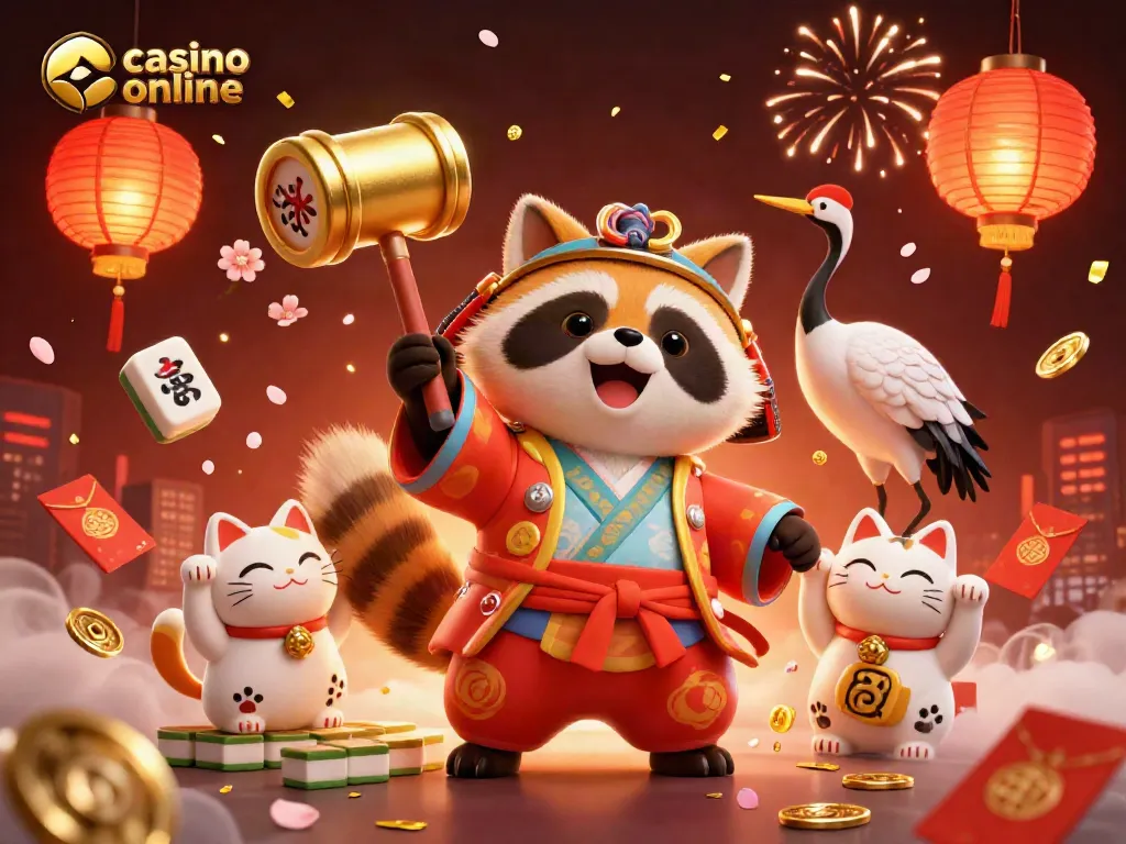 Juega en un casino online rodeado de personajes como un tanuki y maneki-neko en un colorido ambiente festivo.