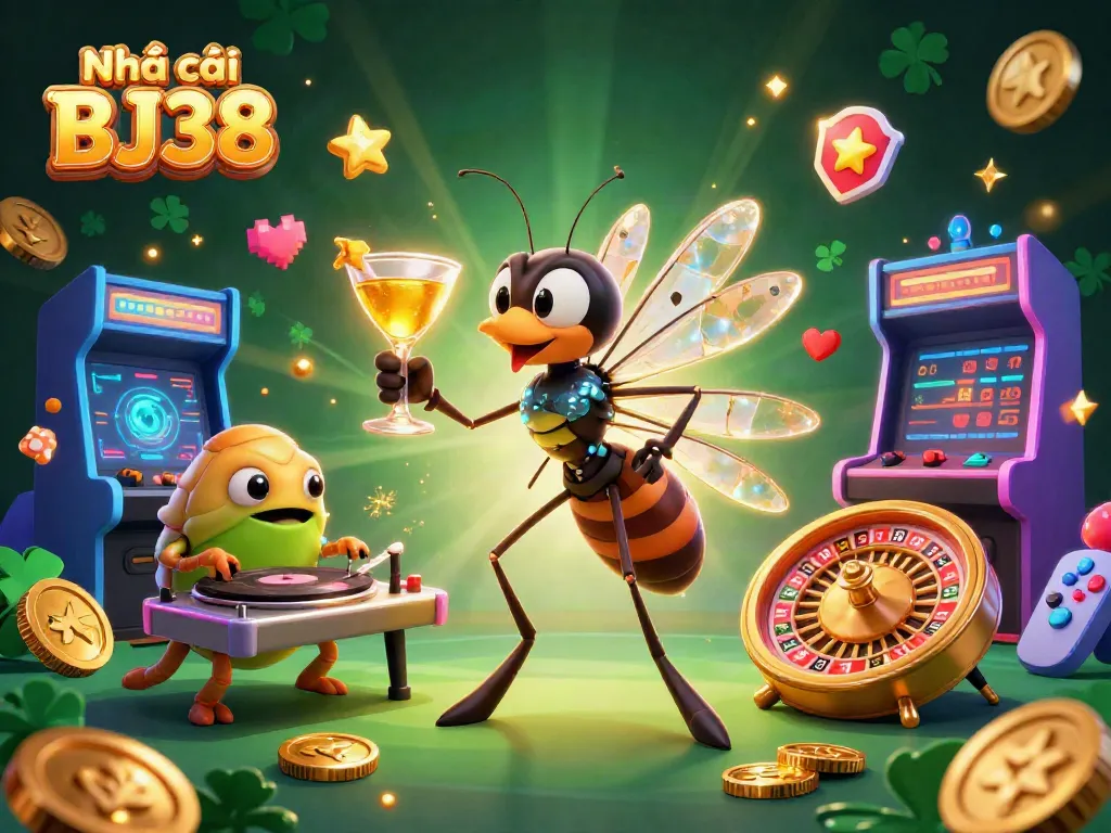 Engage with Nhà cái BJ38's thrilling gambling scene featuring a cartoon mosquito mascot and a trilobite DJ.