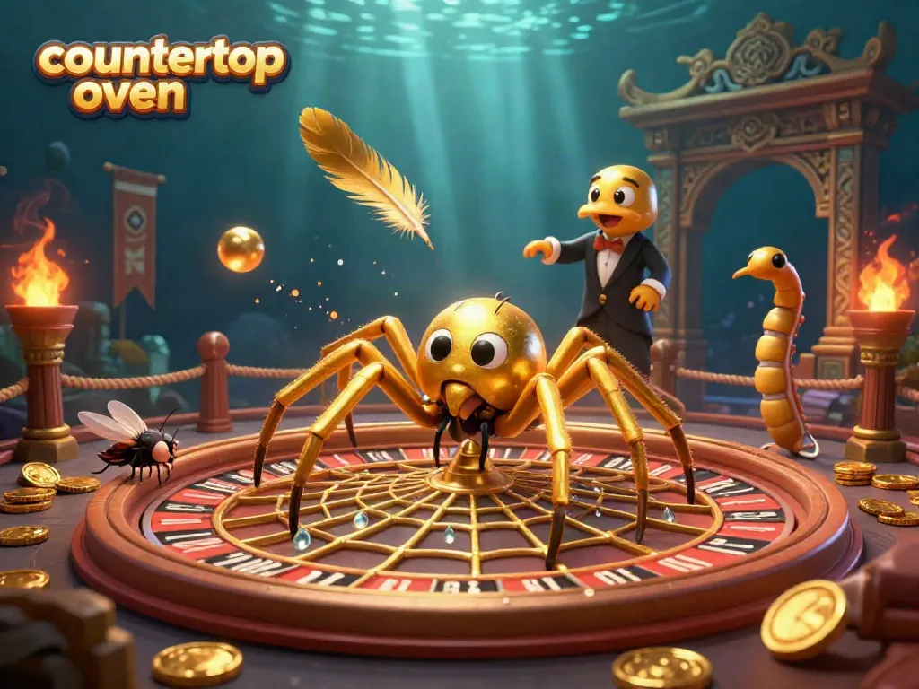 Experience thrilling bets with a countertop oven scene featuring a spider croupier and casino elements.