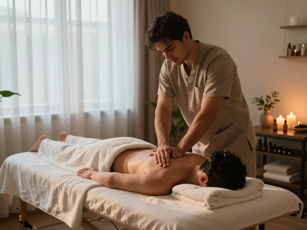 포항스웨디시 마사지 치료 장면, 남성 치료사가 고요한 환경에서 편안함을 제공하고 있습니다.