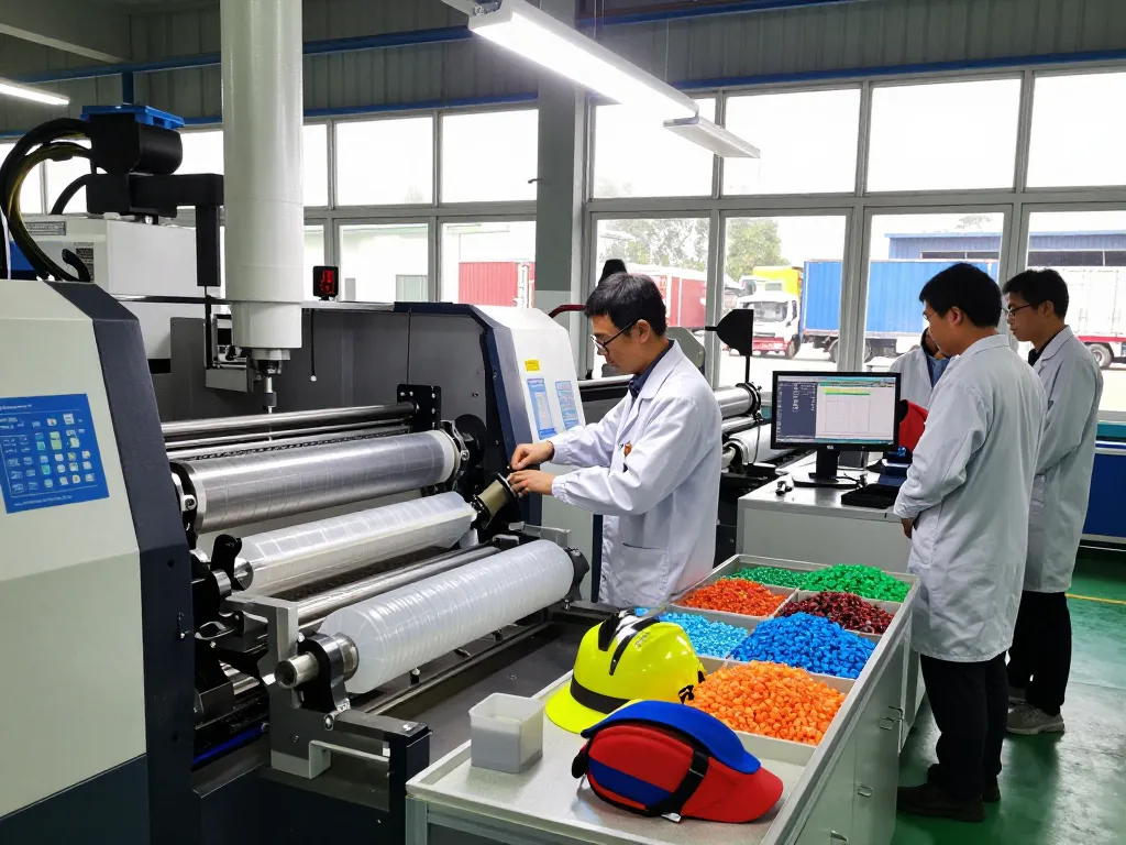 Bóc ép plastic tại hà nội in a professional manufacturing environment with engineers inspecting machinery.