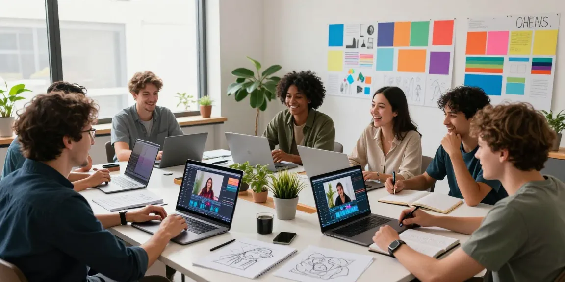 Creative team using seedance ai to generate innovative video content in a bright studio.