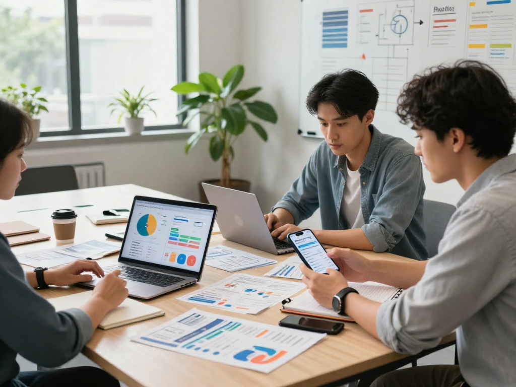 Buy iOS installs strategy session in a modern marketing office with colleagues analyzing app data and rankings.