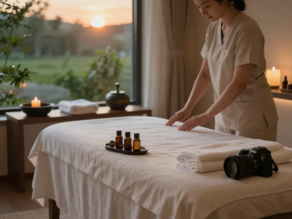 Relaxing 부평출장마사지 scene with tranquil ambiance and therapy setup.