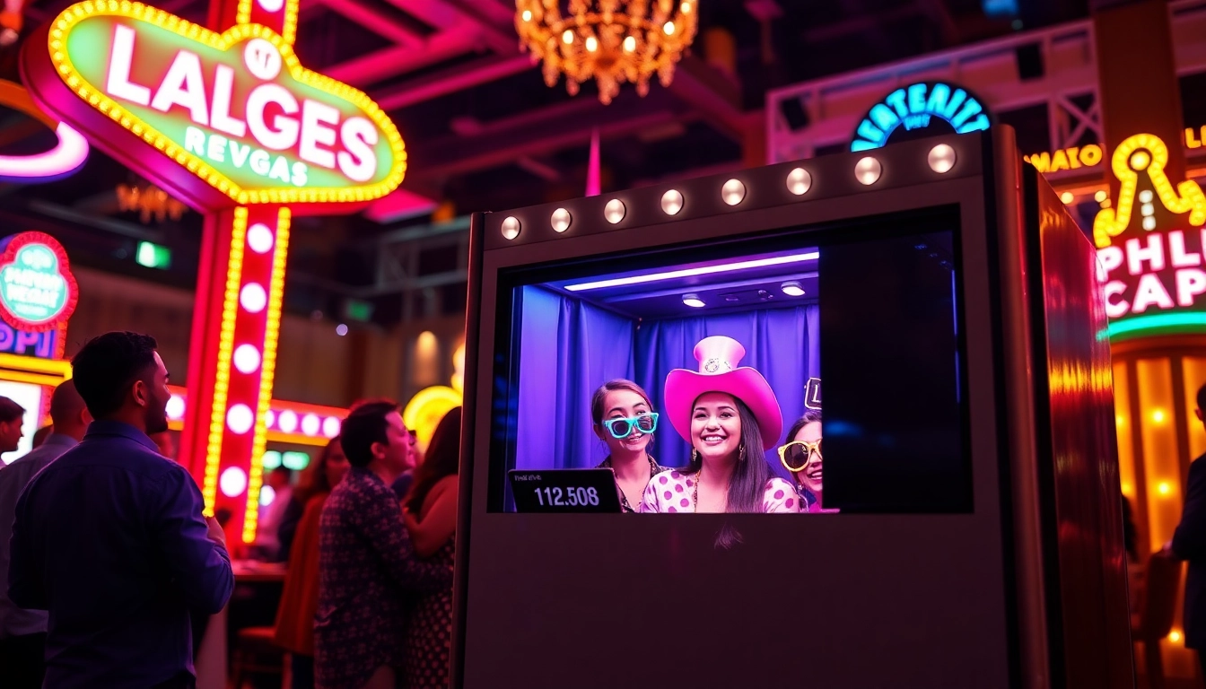 Capture joyful moments with Photo Booth Rentals Las Vegas featuring vibrant setup and fun props.