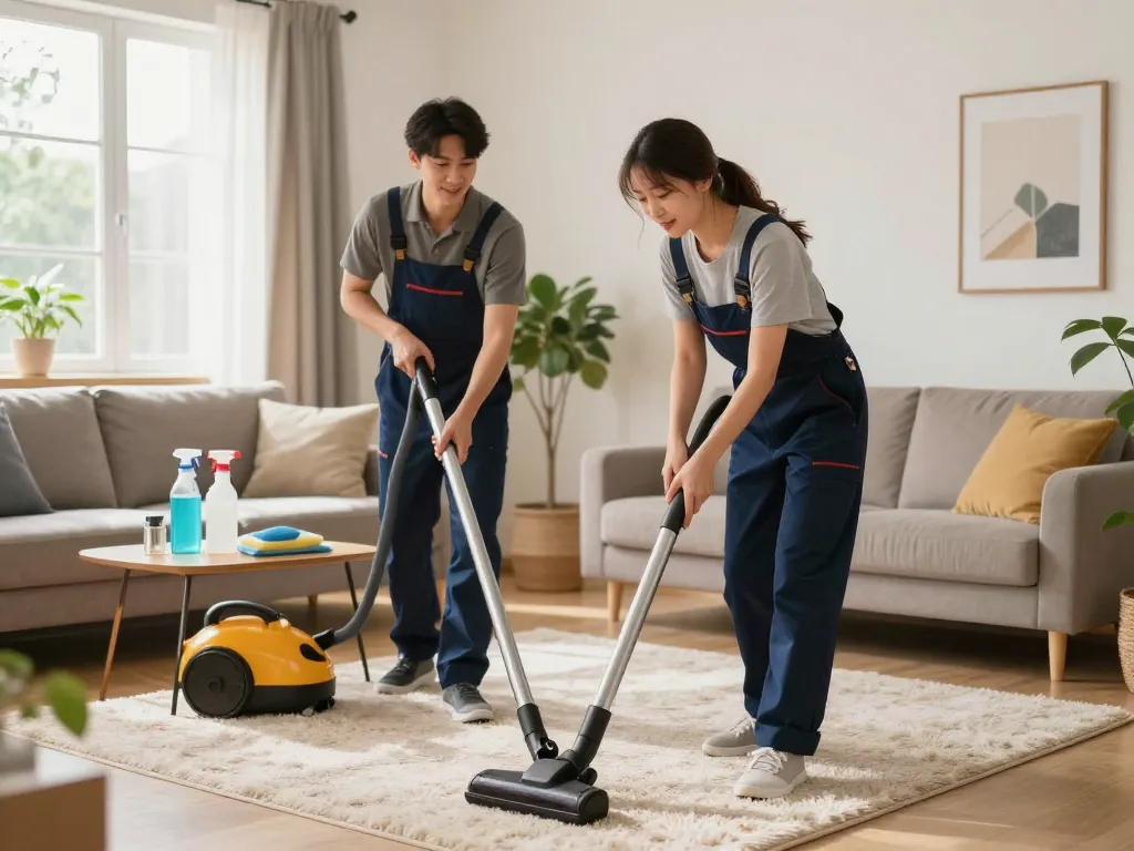 Dos profesionales del hogar limpiando un salón moderno con cuidado y trabajo en equipo.