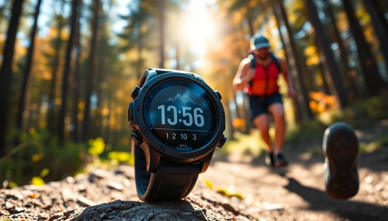 Engaging action shot of Explorer Plus GPS Smart Watch showcasing its features amidst an outdoor adventure.