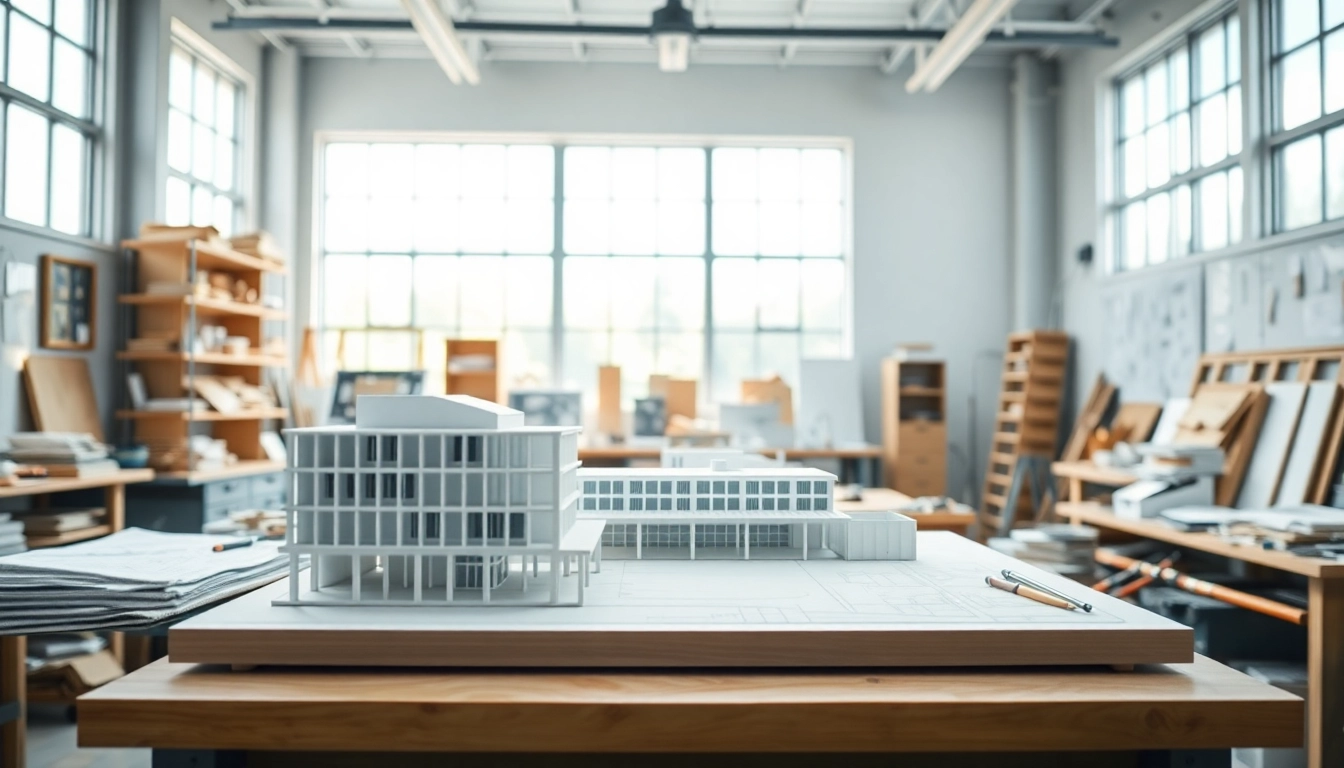 Architekturmodellbau Duisburg in einer hellen Werkstatt mit detaillierten Modellen und kreativer Atmosphäre.