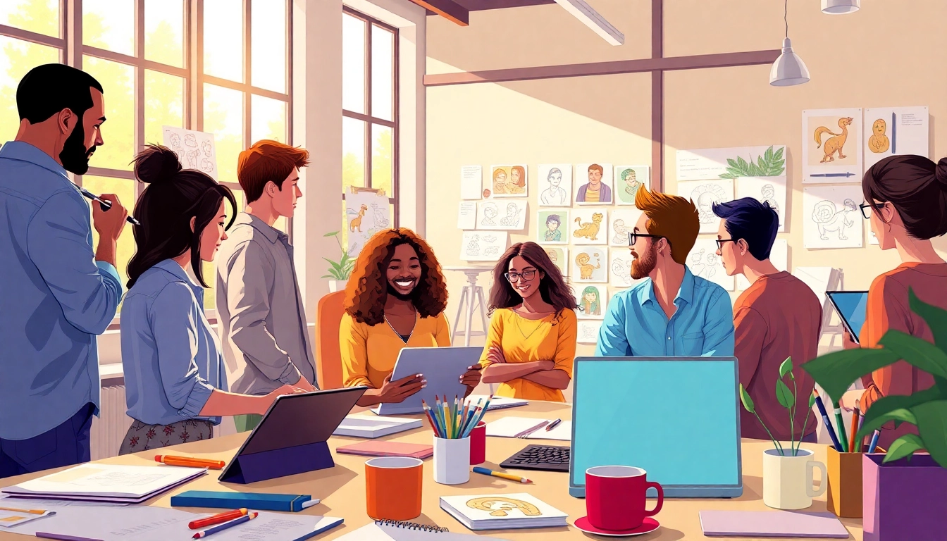 Animationsagentur - Kreatives Team, das zusammen an einem lebendigen Animationsprojekt arbeitet.