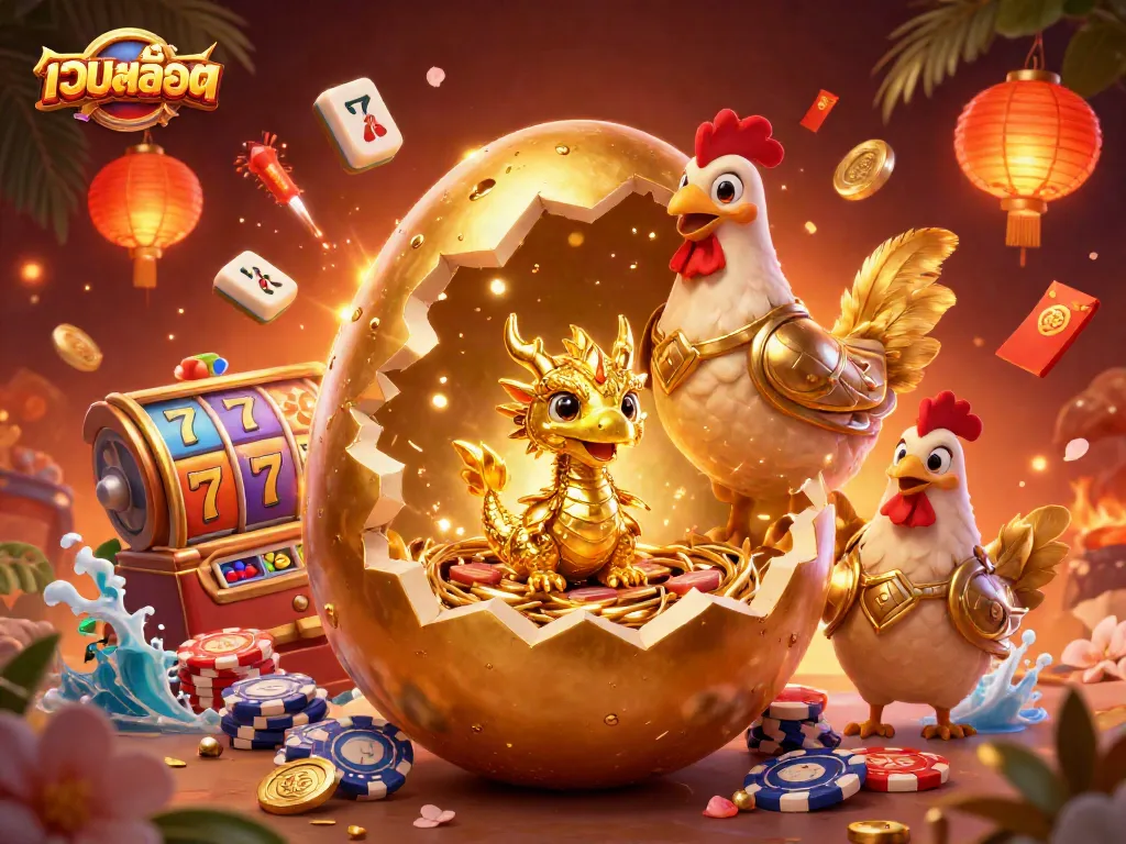 Engage with เว็บสล็อต featuring a golden dragon and dynamic slot elements in a vibrant casino scene.
