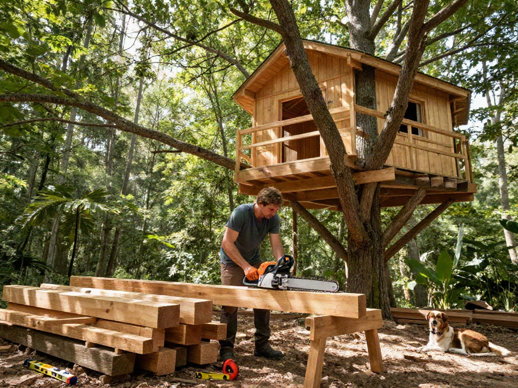 Tree house life scene with builder crafting a wooden treehouse in a tranquil forest.