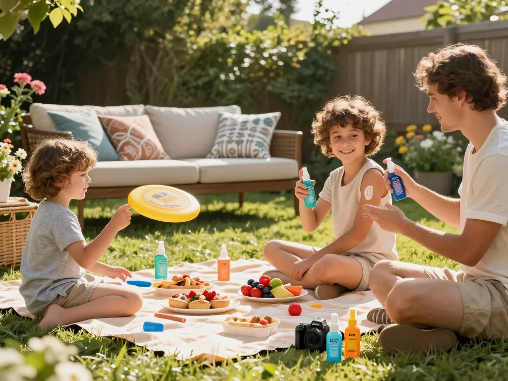 Family enjoying a picnic while applying mosquito repellent during a sunny afternoon.