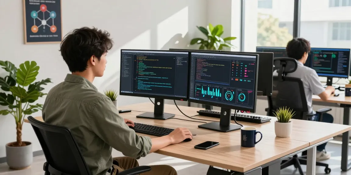 快连 software developers collaborating at a modern workspace, showcasing code displays and productivity elements