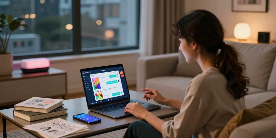 Engaging with nsfw chat ai on a laptop in a cozy, stylish living room.
