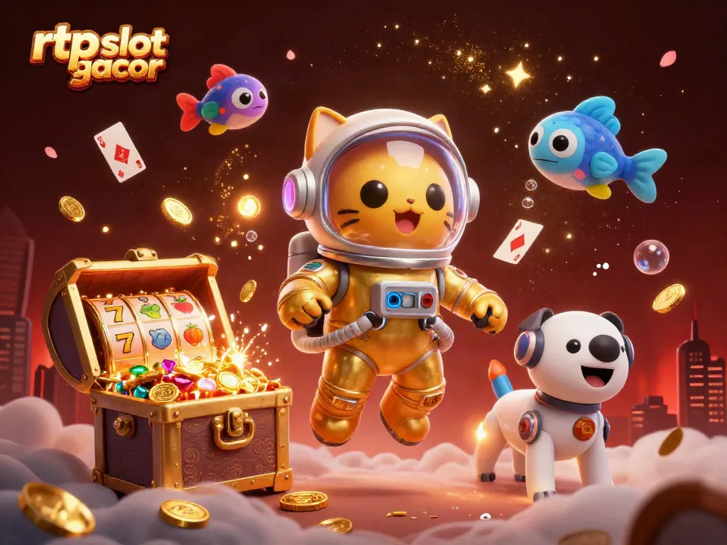 Memainkan rtp slot gacor dengan slot reels dan kucing astronaut, dikelilingi harta karun yang bersinar.