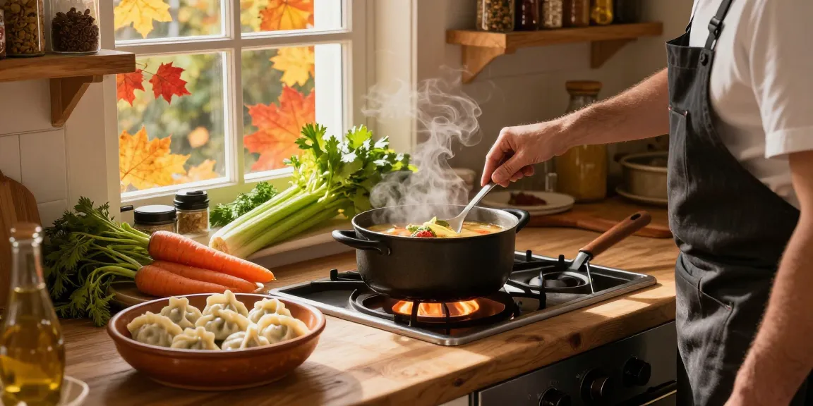 Aromatische Klare Suppe, die in einer rustikalen Küche köchelt, umgeben von frischem Gemüse und gemütlicher Herbstdekoration.