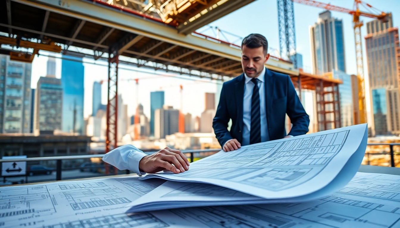 Manhattan Construction Manager analyzing blueprints at a vibrant construction site.