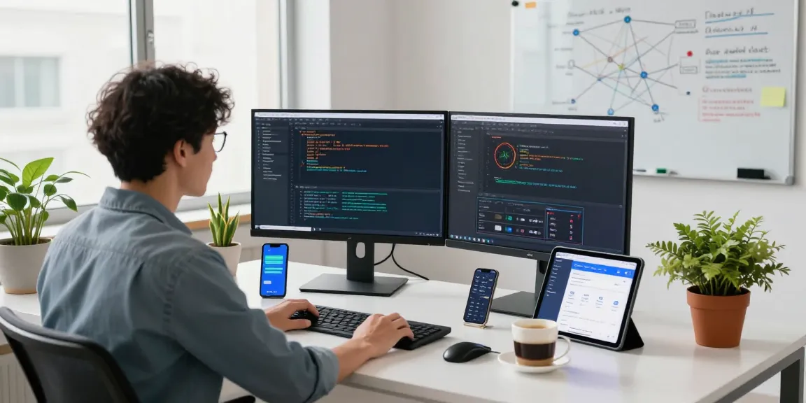 快连 application showcased on multiple monitors in a modern tech workspace, emphasizing coding and network analytics.