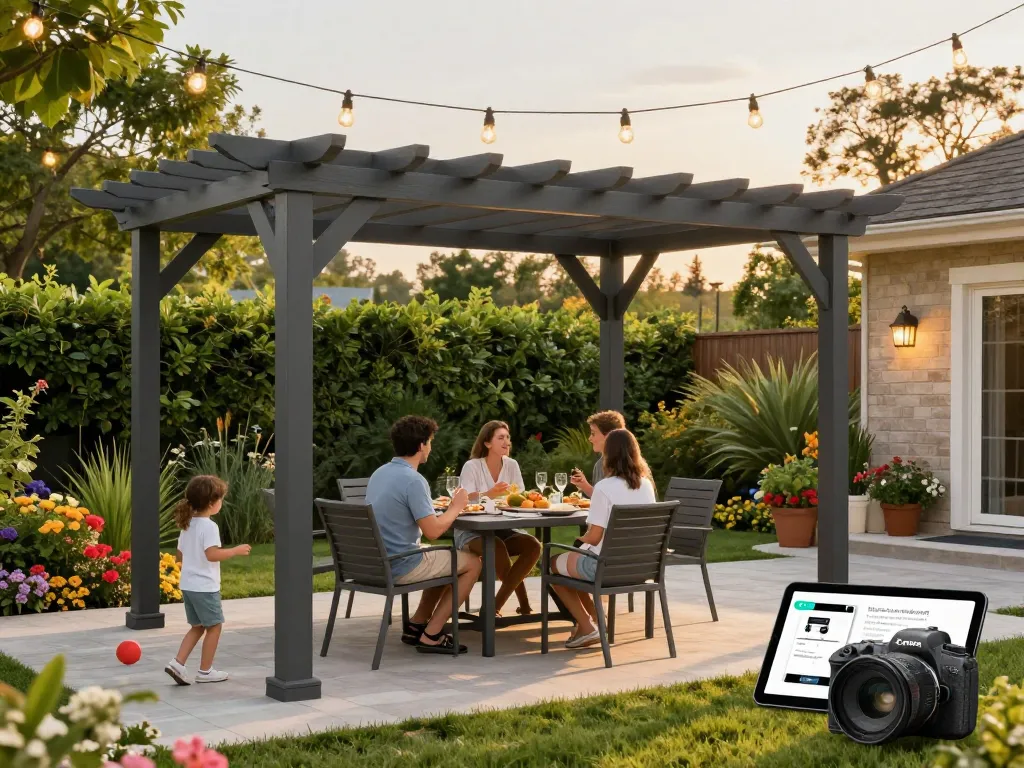Configurateur interactif pergola 3D affichant des options personnalisables dans un cadre extérieur vibrant avec une famille et de la verdure.
