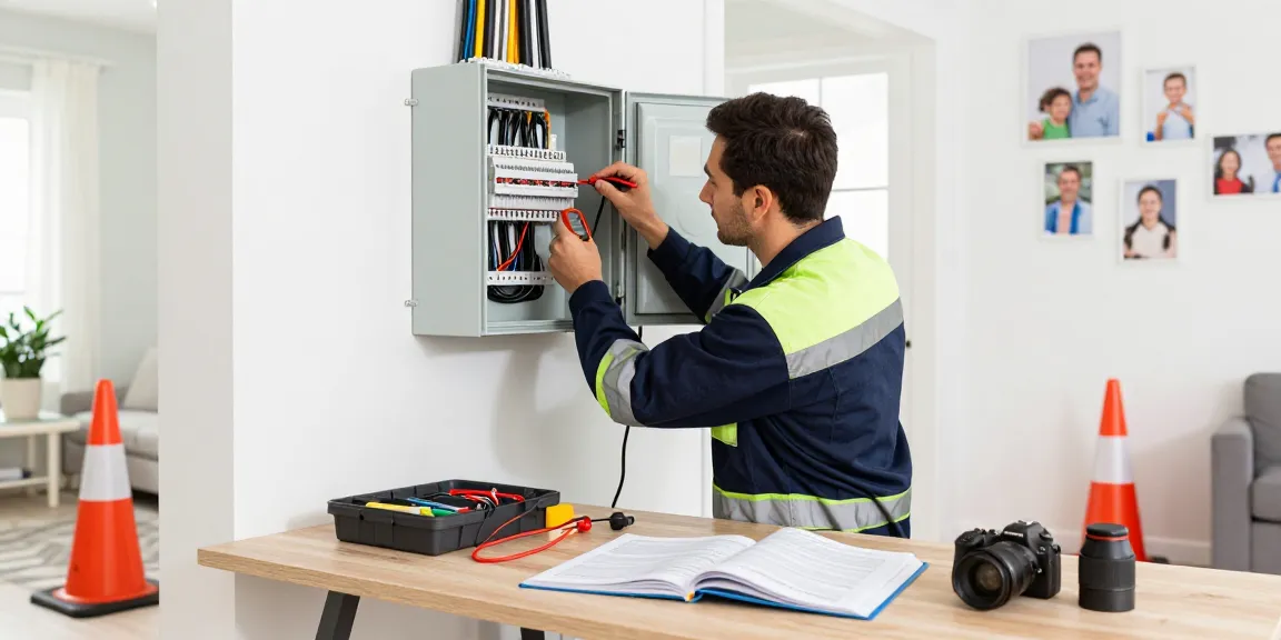 Certified electrician inspecting panel at dianneprice.com, showcasing expertise and safety standards.