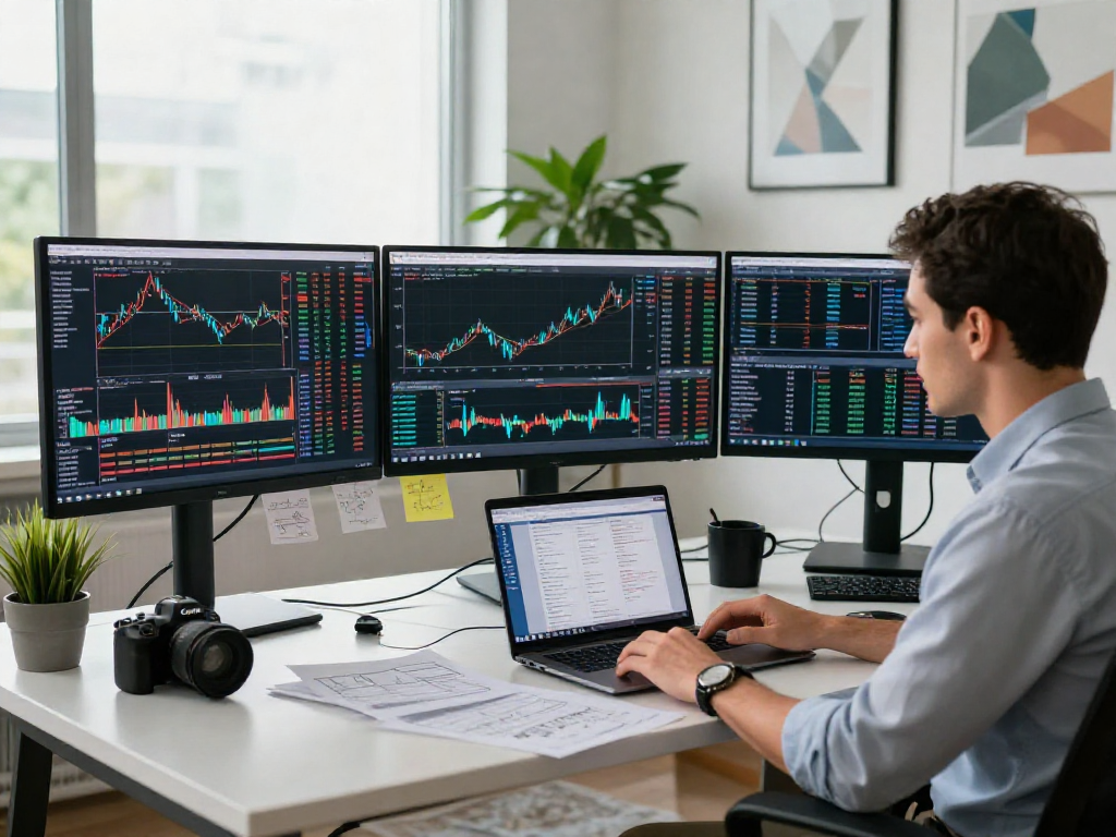 Trader analyzing TradingView charts on multiple monitors in a bright office.