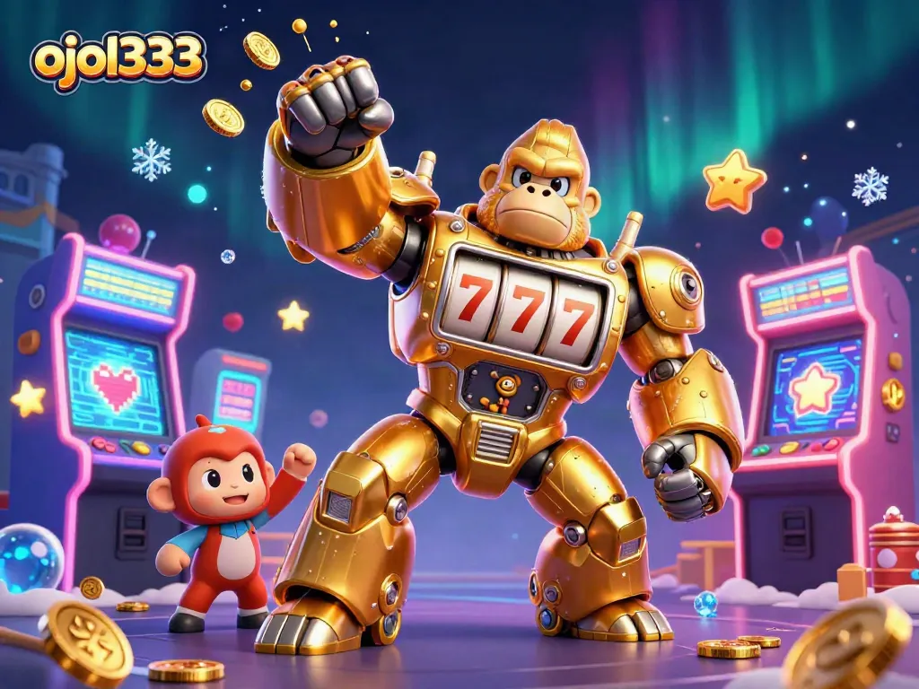 Spin the reels at ojol333 with a golden gorilla mech and vibrant casino elements.