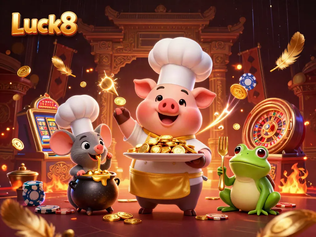 Experience the thrill of Luck8 with an exciting casino scene featuring cartoon characters and vibrant gaming elements.