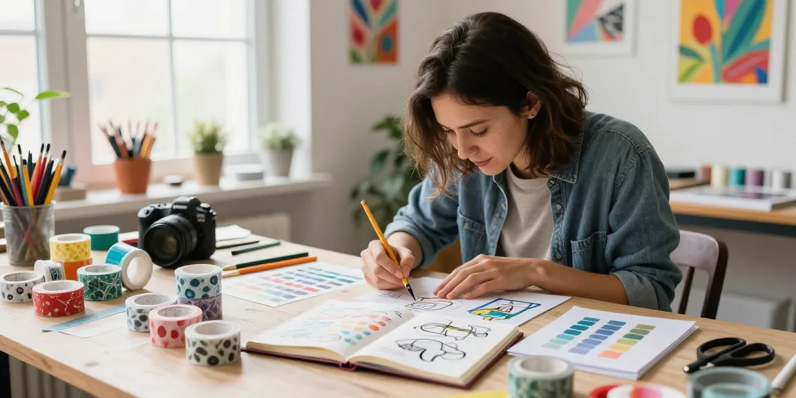 Creative artist designing custom washi tape with colorful art supplies in vibrant studio.