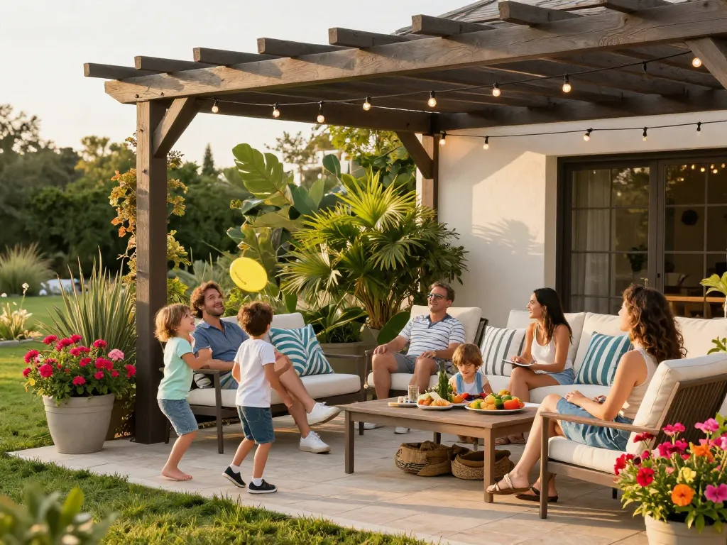 Custom pergola configurator enhances family gatherings in vibrant outdoor patio vibe.