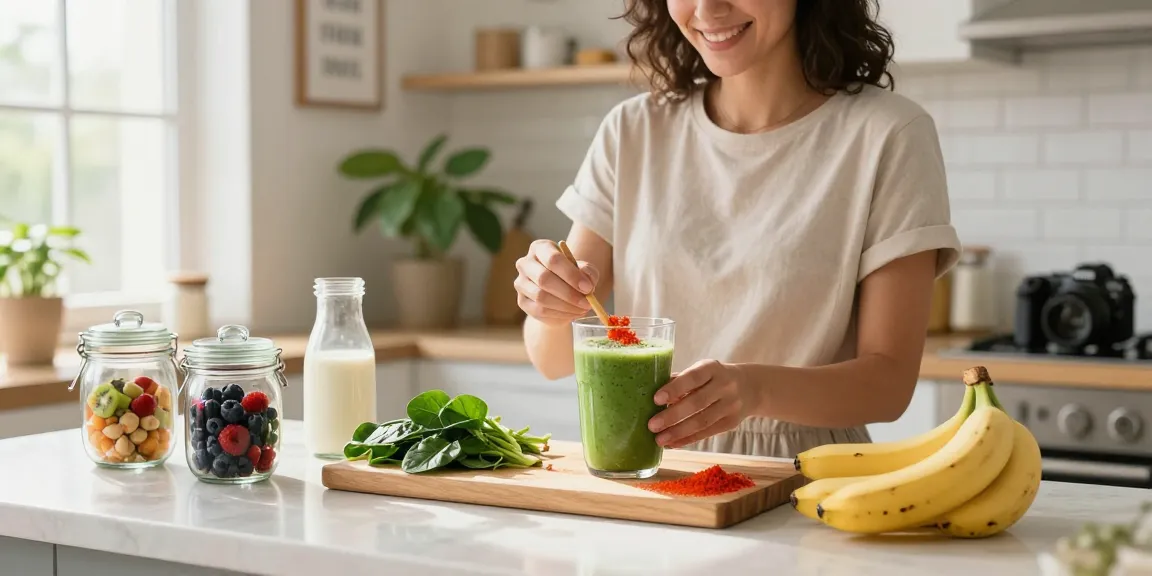 A person preparing a vibrant green smoothie with vegan astaxanthin in a sunlit kitchen, surrounded by fresh fruits and leafy greens.