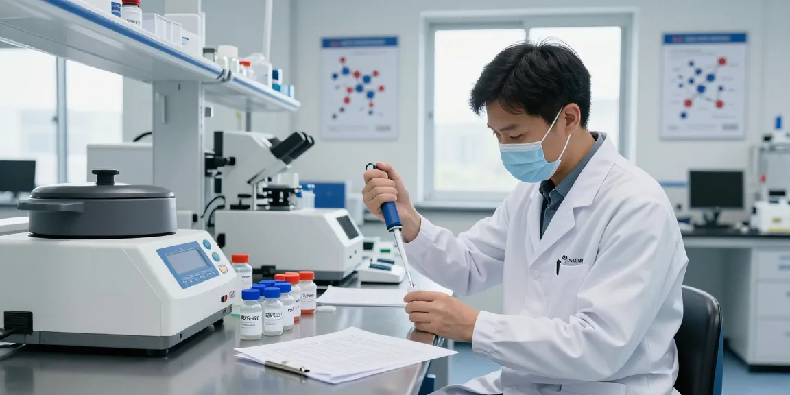 SwissChems Peptides research setup in a modern lab, showcasing scientist measuring peptides with precision.