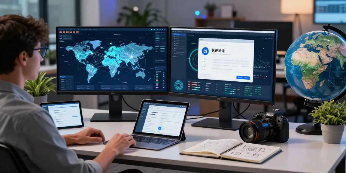 快连 network optimization expert analyzing global connections in a modern tech workspace.